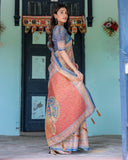 Rust & Blue Handloom Cotton Saree with Classical Dancer Motif and Patchwork Digital Print