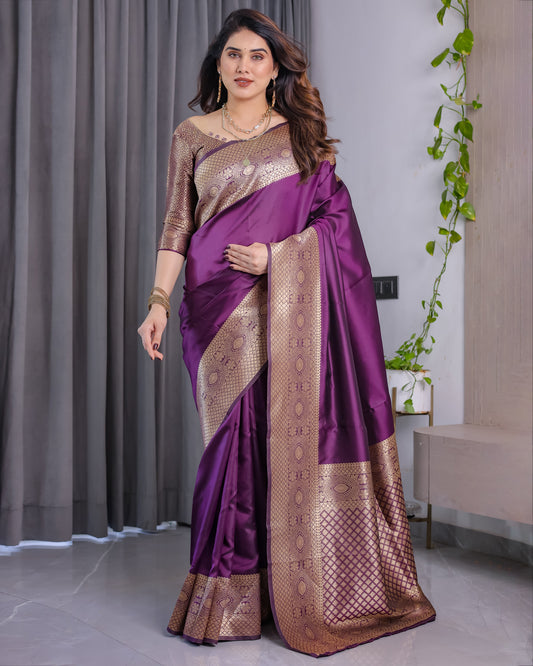 Royal Purple Pure Kanjivaram Silk Saree with Golden Zari Border & Rich Pallu – 5.5m Saree + 0.8m Blouse Piece