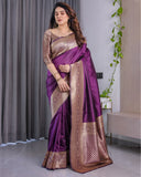Royal Purple Pure Kanjivaram Silk Saree with Golden Zari Border & Rich Pallu – 5.5m Saree + 0.8m Blouse Piece