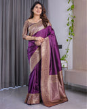 Royal Purple Pure Kanjivaram Silk Saree with Golden Zari Border & Rich Pallu – 5.5m Saree + 0.8m Blouse Piece