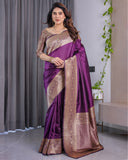 Royal Purple Pure Kanjivaram Silk Saree with Golden Zari Border & Rich Pallu – 5.5m Saree + 0.8m Blouse Piece