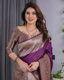 Royal Purple Pure Kanjivaram Silk Saree with Golden Zari Border & Rich Pallu – 5.5m Saree + 0.8m Blouse Piece