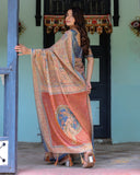 Rust & Blue Handloom Cotton Saree with Classical Dancer Motif and Patchwork Digital Print
