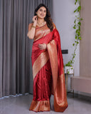Classic Red Pure Kanjivaram Silk Saree with Rich Golden Zari Weaving & Matching Blouse – 5.5m Saree + 0.8m Blouse Piece
