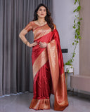 Classic Red Pure Kanjivaram Silk Saree with Rich Golden Zari Weaving & Matching Blouse – 5.5m Saree + 0.8m Blouse Piece