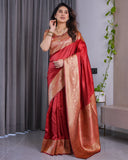 Classic Red Pure Kanjivaram Silk Saree with Rich Golden Zari Weaving & Matching Blouse – 5.5m Saree + 0.8m Blouse Piece