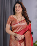 Classic Red Pure Kanjivaram Silk Saree with Rich Golden Zari Weaving & Matching Blouse – 5.5m Saree + 0.8m Blouse Piece