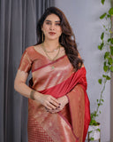 Classic Red Pure Kanjivaram Silk Saree with Rich Golden Zari Weaving & Matching Blouse – 5.5m Saree + 0.8m Blouse Piece