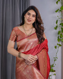Classic Red Pure Kanjivaram Silk Saree with Rich Golden Zari Weaving & Matching Blouse – 5.5m Saree + 0.8m Blouse Piece