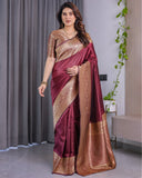 Maroon Pure Kanjivaram Silk Saree with Intricate Golden Zari Weaving & Contrast Blouse – 5.5m Saree + 0.8m Blouse