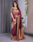 Maroon Pure Kanjivaram Silk Saree with Intricate Golden Zari Weaving & Contrast Blouse – 5.5m Saree + 0.8m Blouse