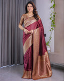 Maroon Pure Kanjivaram Silk Saree with Intricate Golden Zari Weaving & Contrast Blouse – 5.5m Saree + 0.8m Blouse