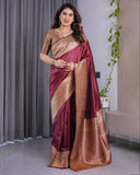 Maroon Pure Kanjivaram Silk Saree with Intricate Golden Zari Weaving & Contrast Blouse – 5.5m Saree + 0.8m Blouse