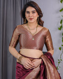 Maroon Pure Kanjivaram Silk Saree with Intricate Golden Zari Weaving & Contrast Blouse – 5.5m Saree + 0.8m Blouse