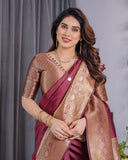 Maroon Pure Kanjivaram Silk Saree with Intricate Golden Zari Weaving & Contrast Blouse – 5.5m Saree + 0.8m Blouse