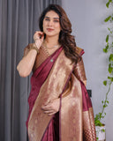 Maroon Pure Kanjivaram Silk Saree with Intricate Golden Zari Weaving & Contrast Blouse – 5.5m Saree + 0.8m Blouse