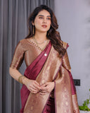 Maroon Pure Kanjivaram Silk Saree with Intricate Golden Zari Weaving & Contrast Blouse – 5.5m Saree + 0.8m Blouse