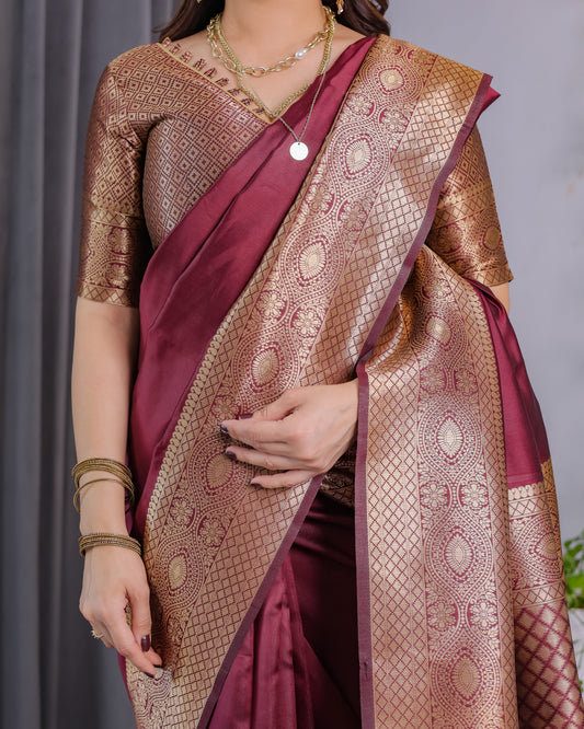Maroon Pure Kanjivaram Silk Saree with Intricate Golden Zari Weaving & Contrast Blouse – 5.5m Saree + 0.8m Blouse