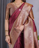 Maroon Pure Kanjivaram Silk Saree with Intricate Golden Zari Weaving & Contrast Blouse – 5.5m Saree + 0.8m Blouse