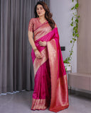 Rani Pink Pure Kanjivaram Silk Saree with Golden Zari Border & Pallu – 5.5m Saree + 0.8m Blouse