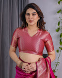 Rani Pink Pure Kanjivaram Silk Saree with Golden Zari Border & Pallu – 5.5m Saree + 0.8m Blouse