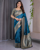 Teal Blue Pure Kanjivaram Silk Saree with Antique Golden Zari Border & Blouse – 5.5m Saree + 0.8m Blouse Piece