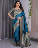 Teal Blue Pure Kanjivaram Silk Saree with Antique Golden Zari Border & Blouse – 5.5m Saree + 0.8m Blouse Piece
