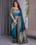 Teal Blue Pure Kanjivaram Silk Saree with Antique Golden Zari Border & Blouse – 5.5m Saree + 0.8m Blouse Piece