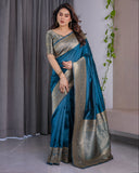 Teal Blue Pure Kanjivaram Silk Saree with Antique Golden Zari Border & Blouse – 5.5m Saree + 0.8m Blouse Piece