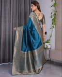 Teal Blue Pure Kanjivaram Silk Saree with Antique Golden Zari Border & Blouse – 5.5m Saree + 0.8m Blouse Piece