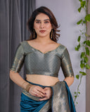 Teal Blue Pure Kanjivaram Silk Saree with Antique Golden Zari Border & Blouse – 5.5m Saree + 0.8m Blouse Piece