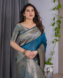 Teal Blue Pure Kanjivaram Silk Saree with Antique Golden Zari Border & Blouse – 5.5m Saree + 0.8m Blouse Piece
