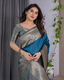 Teal Blue Pure Kanjivaram Silk Saree with Antique Golden Zari Border & Blouse – 5.5m Saree + 0.8m Blouse Piece