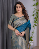 Teal Blue Pure Kanjivaram Silk Saree with Antique Golden Zari Border & Blouse – 5.5m Saree + 0.8m Blouse Piece