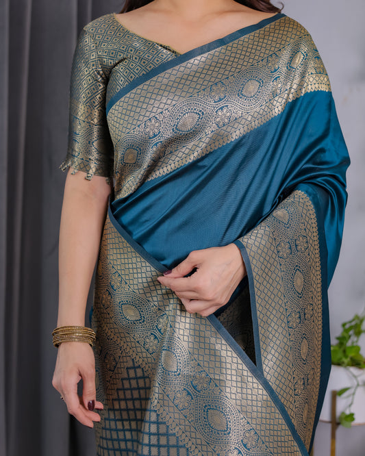 Teal Blue Pure Kanjivaram Silk Saree with Antique Golden Zari Border & Blouse – 5.5m Saree + 0.8m Blouse Piece