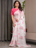 Ivory White Satin Georgette Floral Printed Saree with Pink Blouse – Soft Blossom Designer Drape