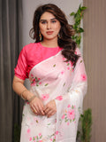 Ivory White Satin Georgette Floral Printed Saree with Pink Blouse – Soft Blossom Designer Drape
