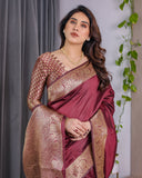 Wine Maroon Pure Kanjivaram Silk Saree with Grand Floral Zari Border & Pallu – 5.5m Saree + 0.8m Blouse Piece