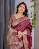 Wine Maroon Pure Kanjivaram Silk Saree with Grand Floral Zari Border & Pallu – 5.5m Saree + 0.8m Blouse Piece