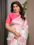 Ivory White Satin Georgette Floral Printed Saree with Pink Blouse – Soft Blossom Designer Drape