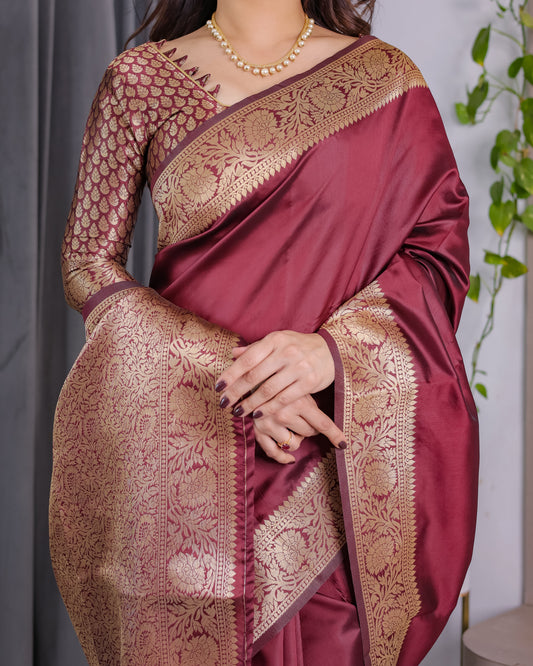 Wine Maroon Pure Kanjivaram Silk Saree with Grand Floral Zari Border & Pallu – 5.5m Saree + 0.8m Blouse Piece