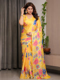 Mustard Yellow Satin Georgette Floral Printed Saree with Attached Blouse – Vibrant Garden Bloom Designer Drape