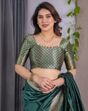 Deep Bottle Green Pure Kanjivaram Silk Saree with Floral Golden Zari Border & Blouse – 5.5m Saree + 0.8m Blouse Piece