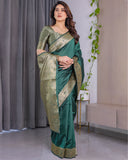 Deep Bottle Green Pure Kanjivaram Silk Saree with Floral Golden Zari Border & Blouse – 5.5m Saree + 0.8m Blouse Piece