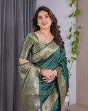 Deep Bottle Green Pure Kanjivaram Silk Saree with Floral Golden Zari Border & Blouse – 5.5m Saree + 0.8m Blouse Piece