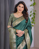 Deep Bottle Green Pure Kanjivaram Silk Saree with Floral Golden Zari Border & Blouse – 5.5m Saree + 0.8m Blouse Piece