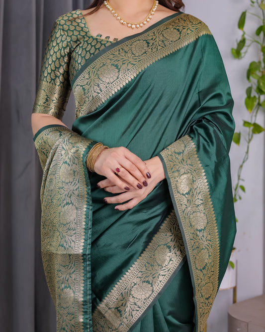 Deep Bottle Green Pure Kanjivaram Silk Saree with Floral Golden Zari Border & Blouse – 5.5m Saree + 0.8m Blouse Piece