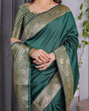 Deep Bottle Green Pure Kanjivaram Silk Saree with Floral Golden Zari Border & Blouse – 5.5m Saree + 0.8m Blouse Piece