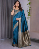 Teal Blue Pure Kanjivaram Silk Saree with Rich Floral Golden Zari Border & Blouse – 5.5m Saree + 0.8m Blouse Piece