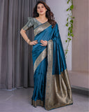 Teal Blue Pure Kanjivaram Silk Saree with Rich Floral Golden Zari Border & Blouse – 5.5m Saree + 0.8m Blouse Piece